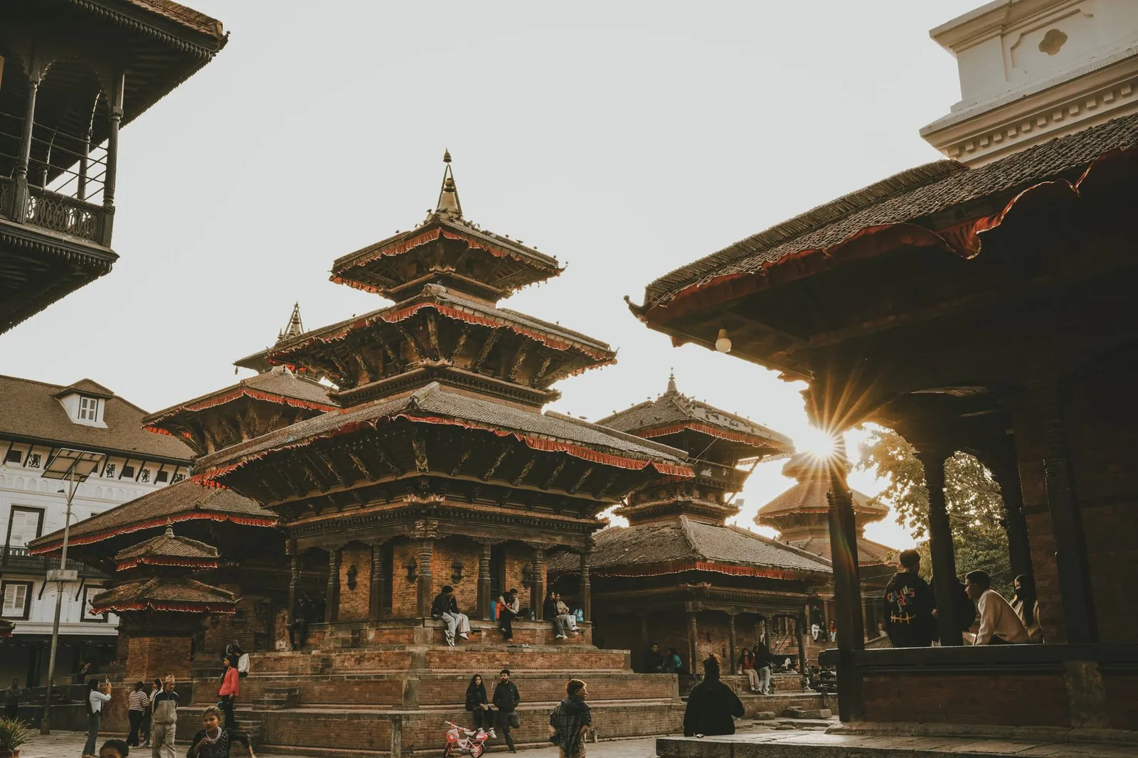 Sunset illuminating ancient temples at Patan Durbar Square, Nepal